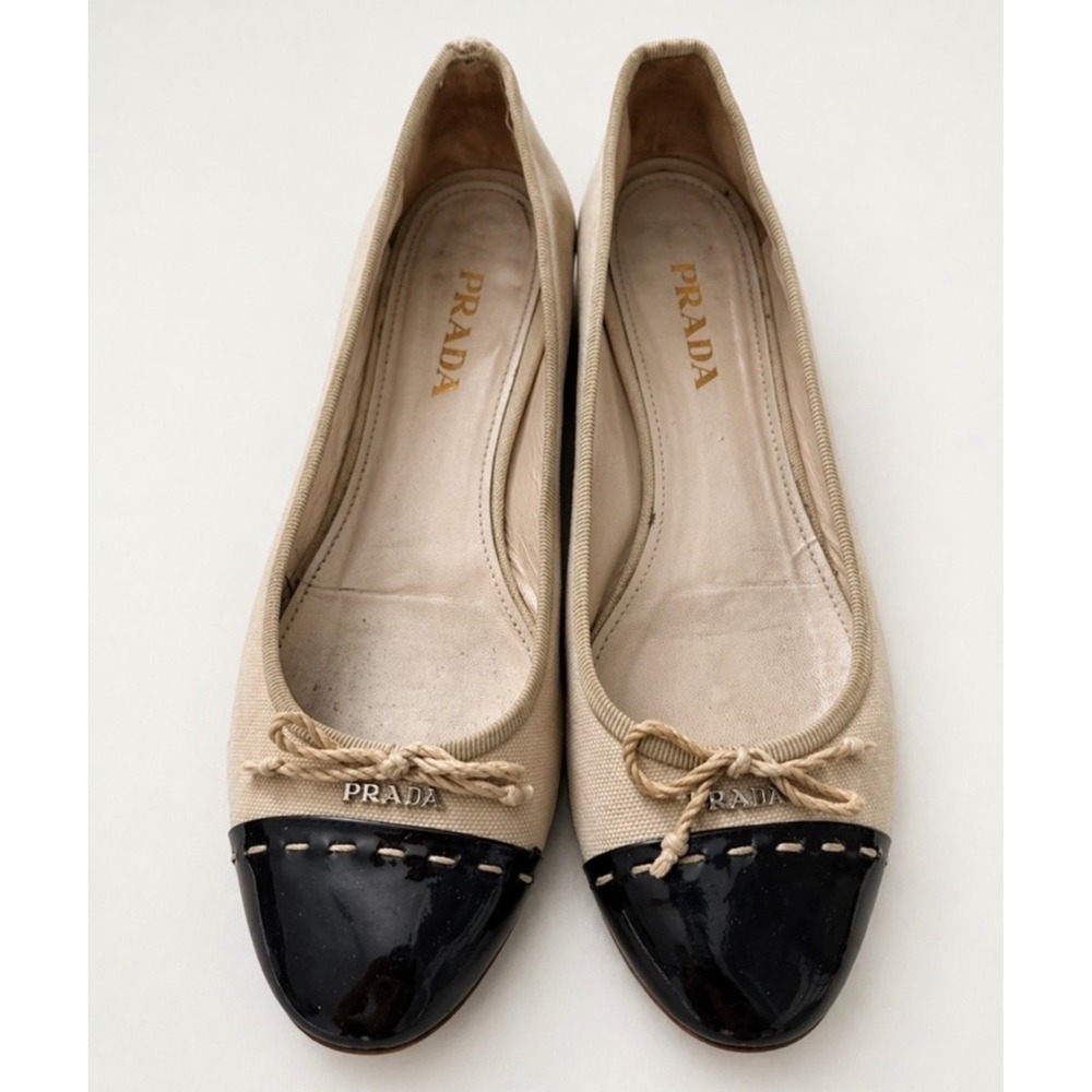 Prada Women Canvas Patent Leather Cap Toe Ballet Flats Beige Black Sz 8.5